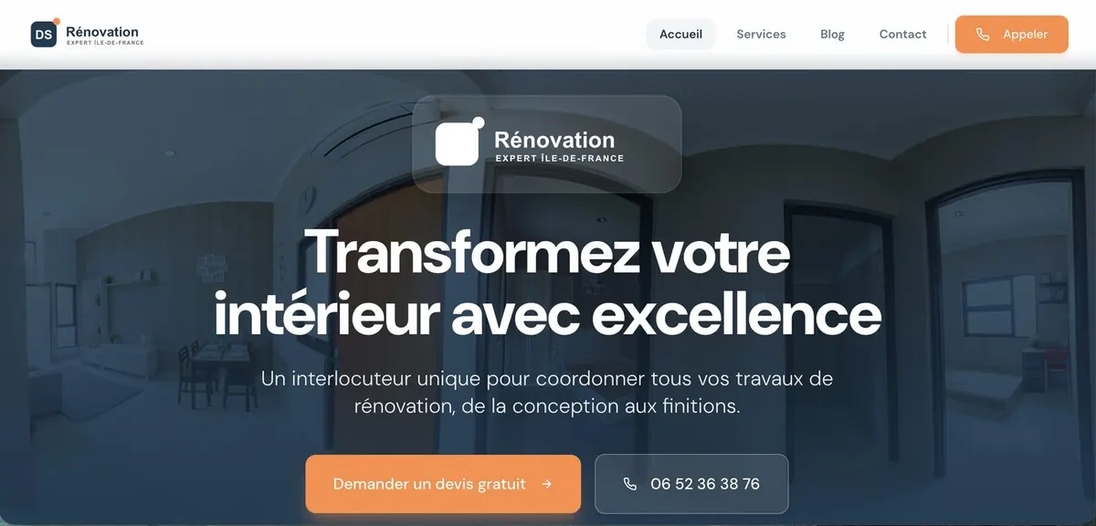 DS Rénovation : page d’accueil claire avec devis gratuit et numéro cliquable