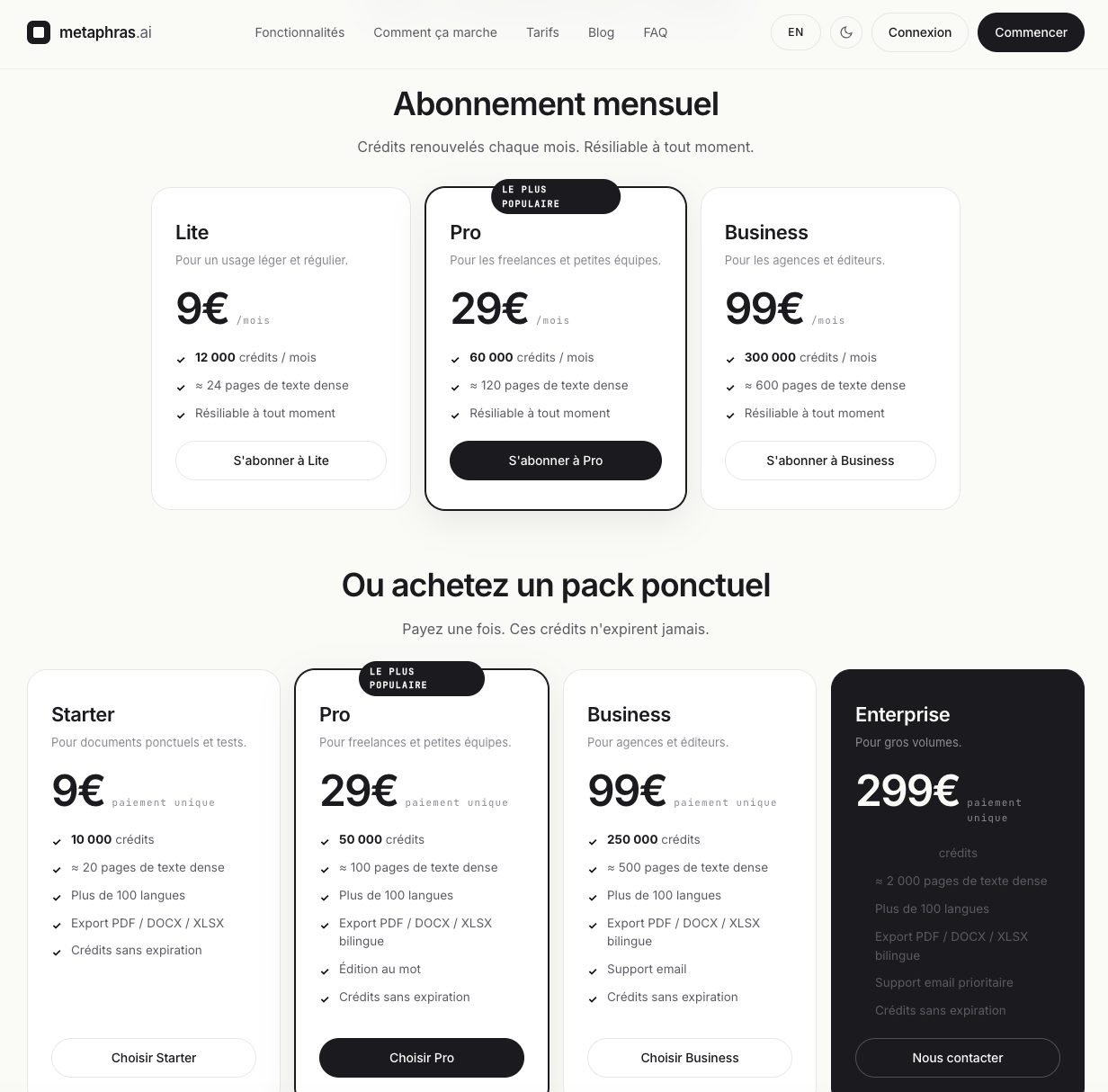 Abonnements et packs de crédits Stripe