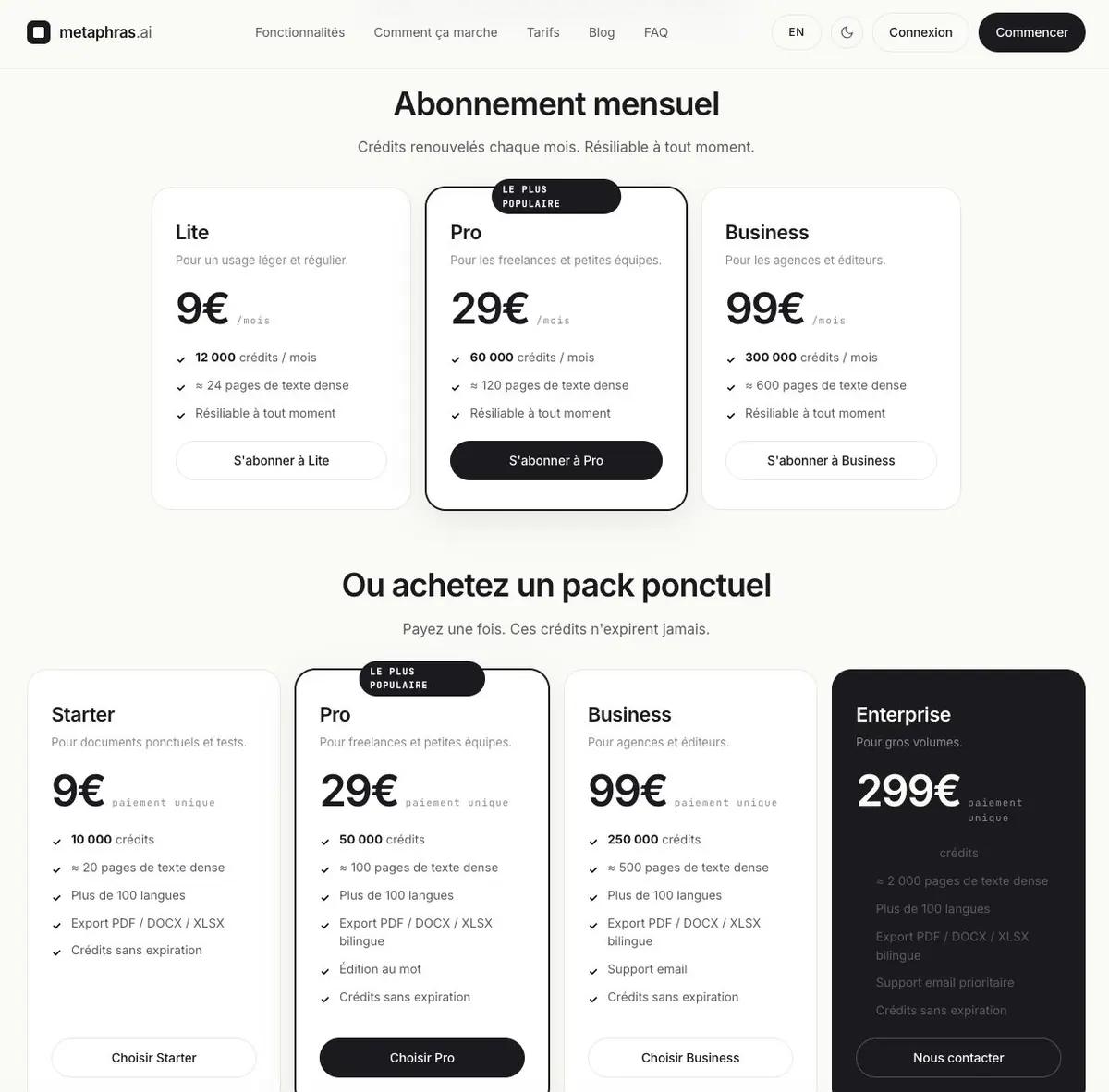 Abonnements et packs de crédits Stripe
