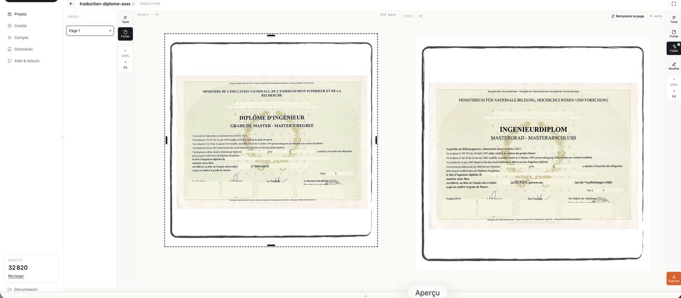 Metaphras.ai editor: source document and AI translation side by side