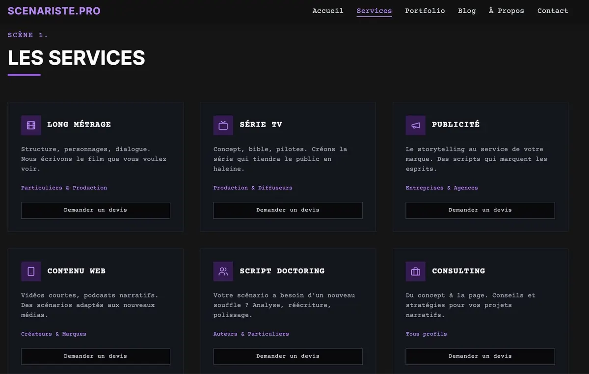 Six services présentés comme des scènes de script