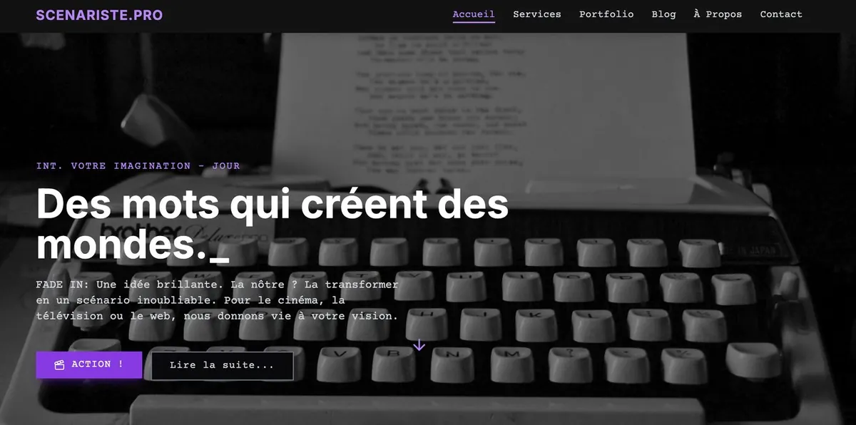 Scenariste.pro : page d’accueil façon script de cinéma, machine à écrire et didascalies