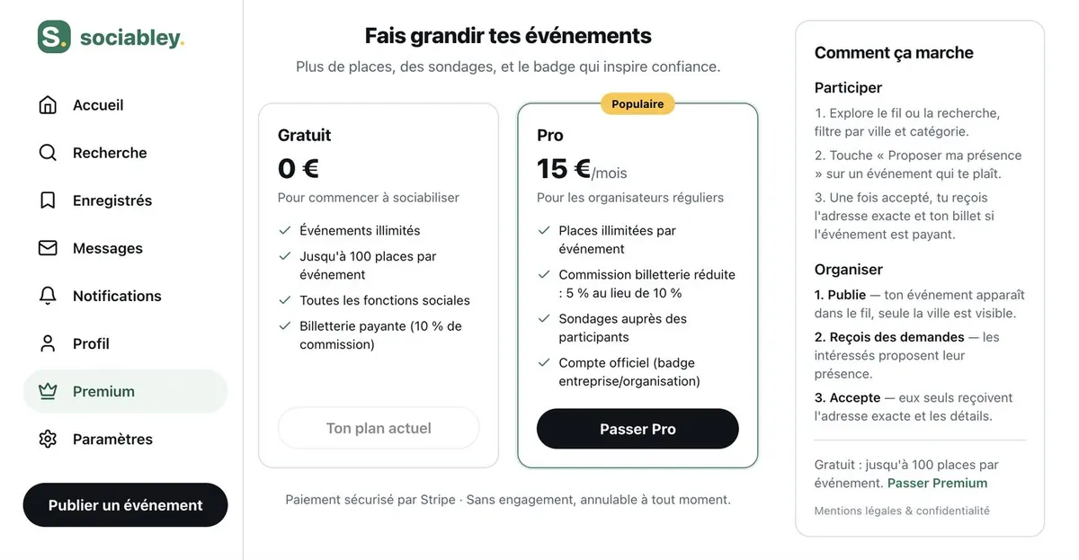 Offre Pro : places illimitées, sondages, badge officiel