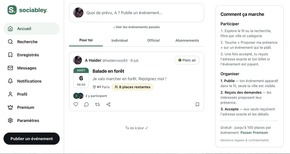 Application mobile Sociabley : liste d'événements